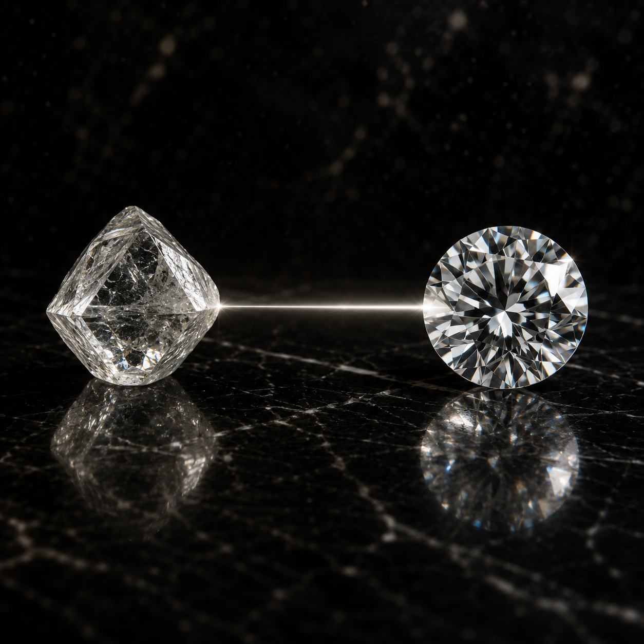 Rough diamond to polished comparison